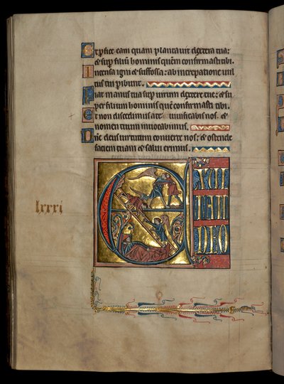 Ms 322 f.82v, Psalm 80, initial E, Jacob wrestling with the angel, Jacob